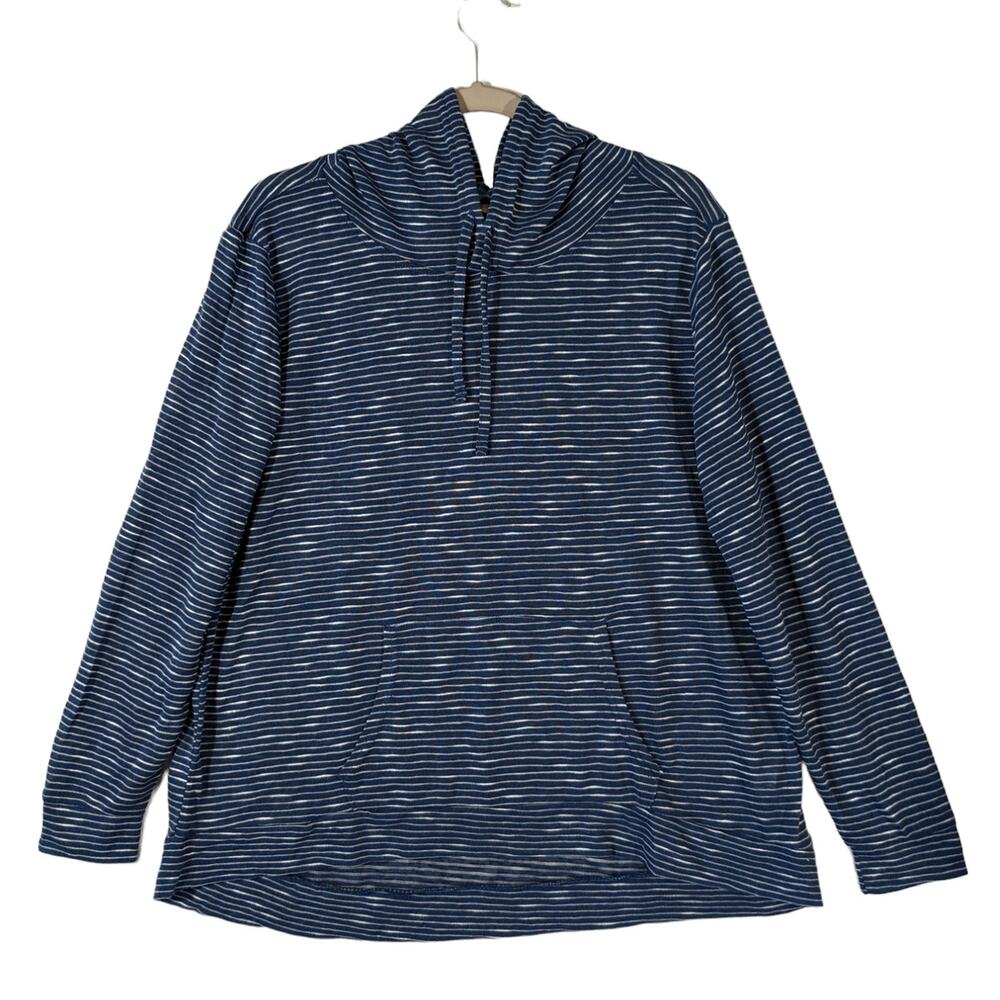 Weatherproof Vintage Slub Hoodie Blue Stripe L Hi‎ Low Stretchy Kangaroo Pocket